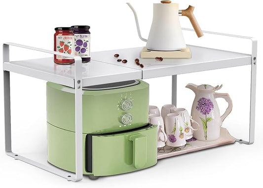 Expandable Cabinet Countertop Shelves, 11" Deep Cabinet Shelf Organizer Riser for Kitchen Pantry Cupboard Under Sink Countertop Organization Storage, Adjustable Metal Organizer Shelf with Nonslip Legs