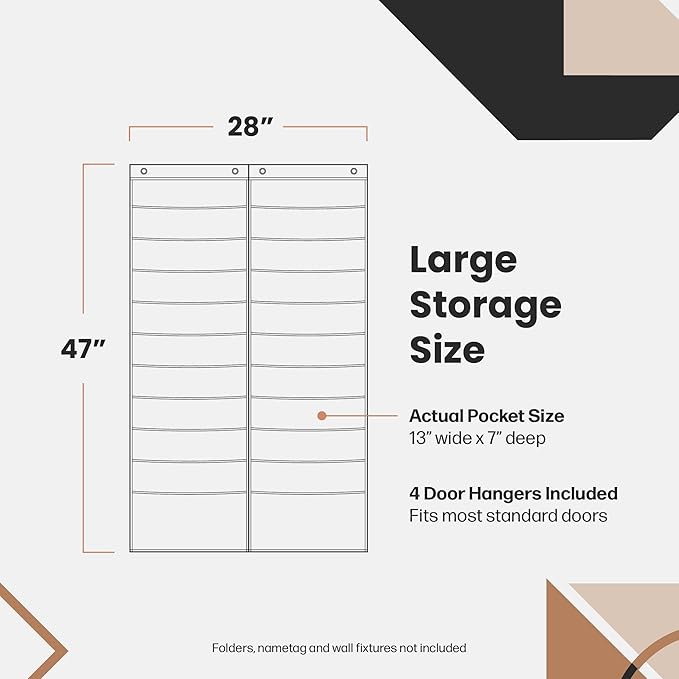 Hippo Creation Heavy Duty Storage Pocket Chart for Classroom, 20 Pocket Storage Organizer with 4 Over-Door Hangers, Hanging Wall Organizer for File Folders, School Mailbox, Home Office Papers - Black