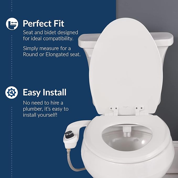 Mayfair Cassel Bidet Bundle, Slow-Close Never Loosen Toilet Seat with Perfect Fit, Fresh Water Spray, Non-Electric, Easy to Install Bidet, ROUND, White
