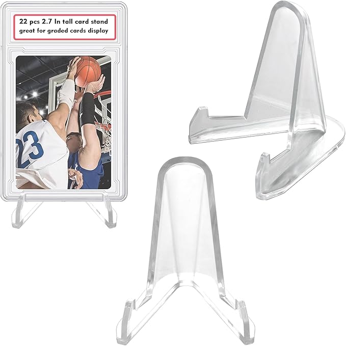 LRANFOW Thickened Acrylic Card Stands Mini Easel Holder, Sports Card Stands, Trading Graded Card Stand for Displaying Pocket Graded Card Challenge Medals Casino Chips, 22 Pack 2.7 Inch Tall Clear