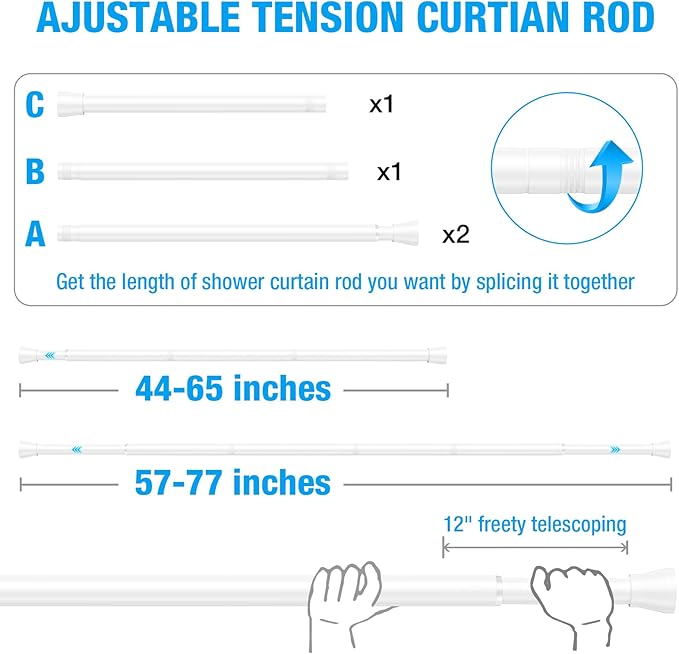 Shower Curtain Rod 44-77 inch Tension Rod White Shower rod Non Slip Tension Curtain Rod Adjustable Curtain Rods No Drilling Shower Rods for Bathroom Windows Closet 1Pack