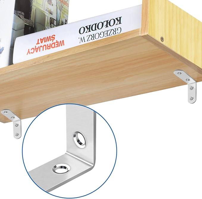16 Pcs L Bracket Stainless Steel Corner Brace Sets, 90 Degree Right Angle Brackets with 64 Pcs Screws, L Bracket Firmware for Wooden Shelves, Chairs, Tables, Dressers, Furniture (Silver)