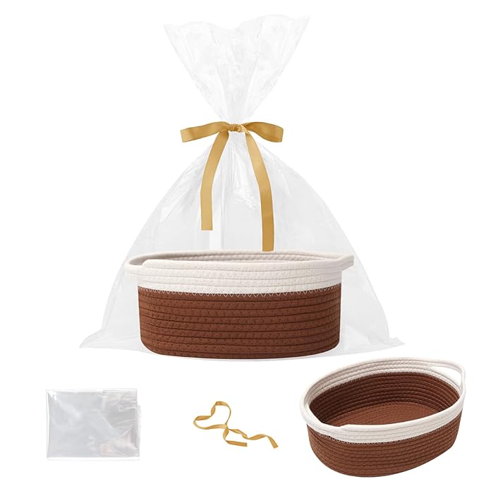 Small Woven Rope Basket-Empty Gifts Basket with Bag and Ribbons,Cute Handle Organizer Box for Birthday/Baby Shower, Toy Storage, Nursery Organizing & Shelf Decor(White&Brown)
