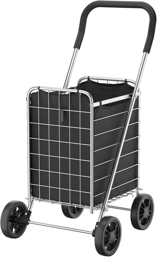 Whitmor Foldable Utility Shopping Cart with Wheels, 60Lb Capacity, Heavy Duty Grocery Cart with Steel Frame, Foam Handle, Rolling Utility Cart for Grocery, Laundry, Travel, Sliver/w Liner