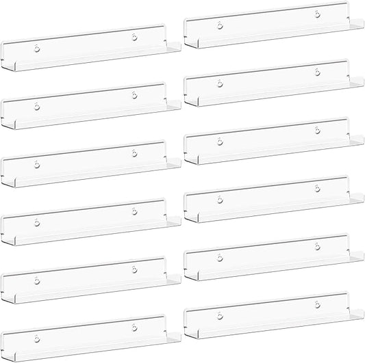Lifewit Narrow Floating Shelves for Vinyl Record 12 Pack, 12" Clear Wall Shelves for Nail Polish/Book/Picture/Makeup, Acrylic Wall Display Shelf Organizer for Bedroom, Living Room, Bathroom Decor