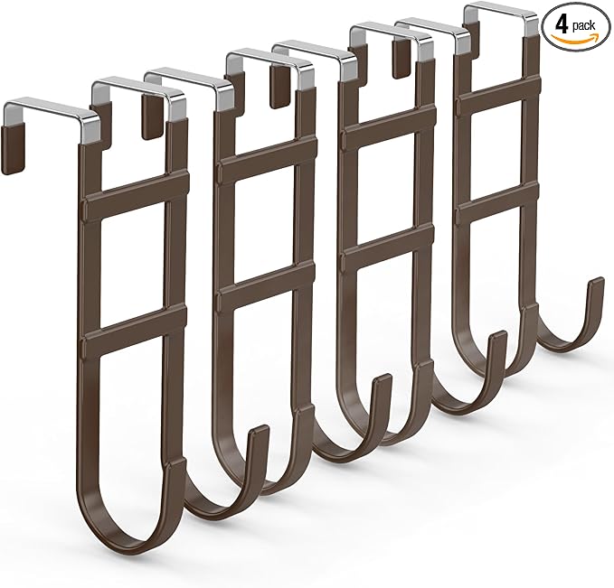 FYY Over The Door Hooks - 4 Pack Heavy Duty Double-Hanger Organizer for Bathroom Bedroom Dorm, Hanging Clothes Towels Hats Bags Ironing Board Wreath Robe - Fits Interior Doors Up to 1.6” Brown
