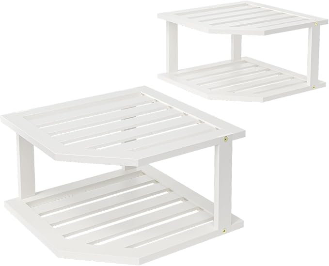 Bamboo Corner Shelf(2 Pack),2 Tier Plate Organizer for Cabinet and Countertop,Pantry Dish and Spice Rack for Kitchen(White)