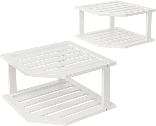 Bamboo Corner Shelf(2 Pack),2 Tier Plate Organizer for Cabinet and Countertop,Pantry Dish and Spice Rack for Kitchen(White)
