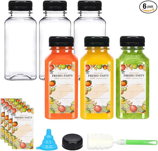 TOMNK 6pcs 8oz Plastic Juice Bottles with Caps Empty Reusable Clear Bottles with Label, Funnel and Brush Beverage Containers Bulk with Lids for Juicing, Smoothies, Fridge