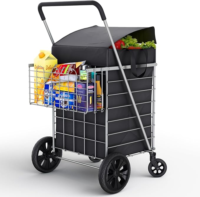 Our Modern Space Shopping Cart w/Waterproof Basket Liner & 360° Swivel Wheels | Foldable Collapsible & Lightweight | Perfect for Groceries Laundry Utility Cart - Silver