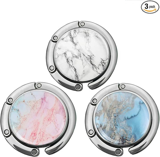 Bosketo Foldable Purse Hook Womens Bag Table Hanger Collection Desk Hooks for Purse (3pack Marble Hook)