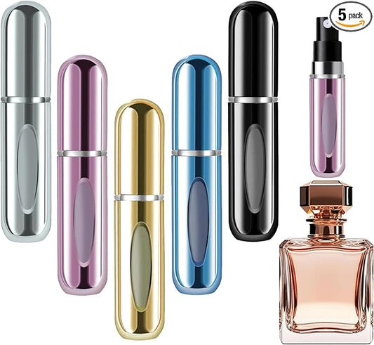 opasyo Refillable Perfume Portable Atomizer Bottle Refillable Perfume Spray, Leak-Proof Perfume Spray Bottle, Travel Perfume for Traveling and Outgoing (5ml, 5 Pack Silver/Pink/Gold/Blue/Black)