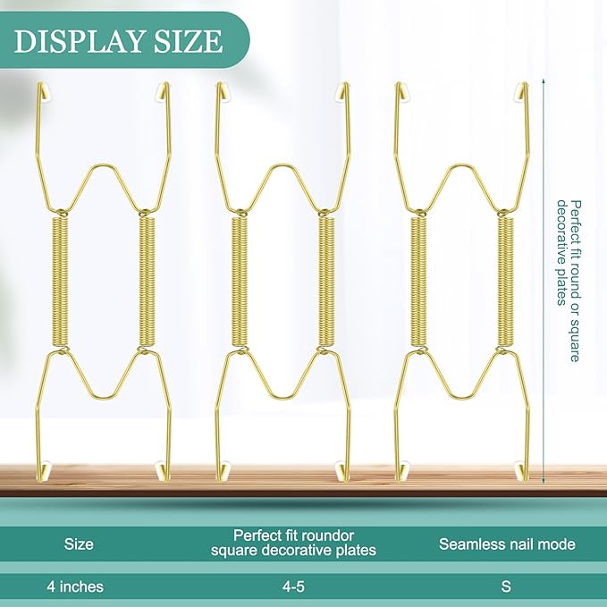 Hotop 12 Pieces Plate Hangers for Wall Stainless Steel Wire Invisible Plate Hangers Heavy Duty Display Holders with 12 Pieces Hooks for Wall Decoration(4-5 Inch,Gold)