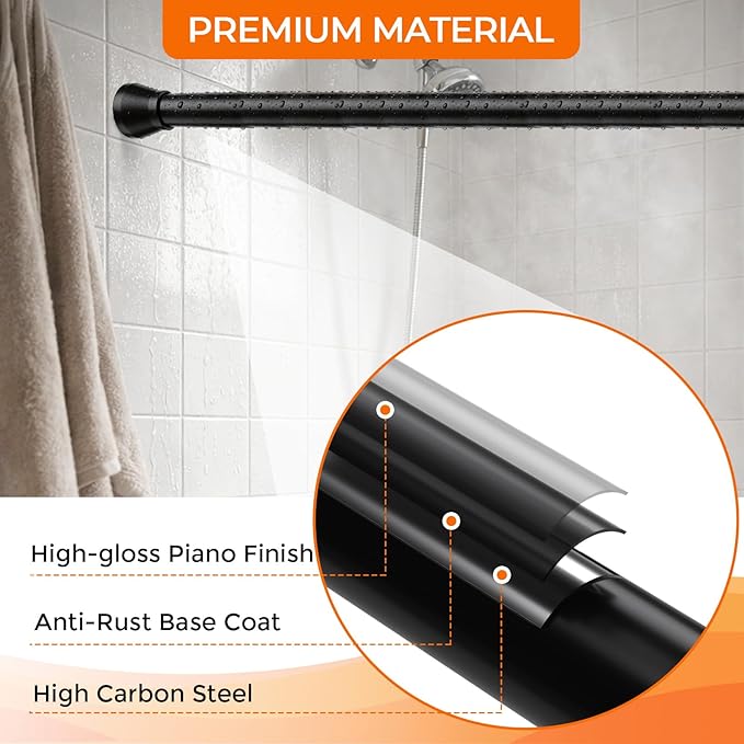 Spring Tension Curtain Rod 45 to 76 Inch 7/8" Diameter Adjustable No Drilling Black Shower Curtain Rods for Window Doorway Closet Door Kitchen Bathroom