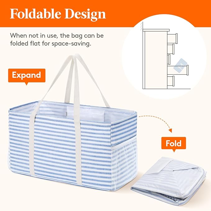 Lifewit Extra Large Tote Bag, Reusable Grocery Bags with Metal Wire Frame and Handles, Standing Utility Foldable Shopping Bags for Storage, Picnics, Beach, Laundry, Car, 46L, 2 Pack, Pink and Blue