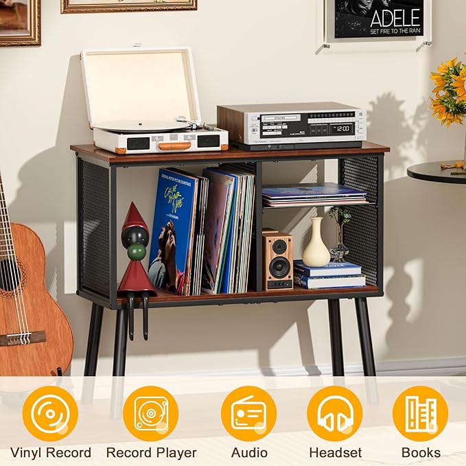Record Player Stand with Adjustable Divider Vinyl Storage Holder Up to 200 Albums Mid-Century Large Record Player Table Vinyl Holder Turntable Stand End Table for Bedroom & Living Room, Patent Pending