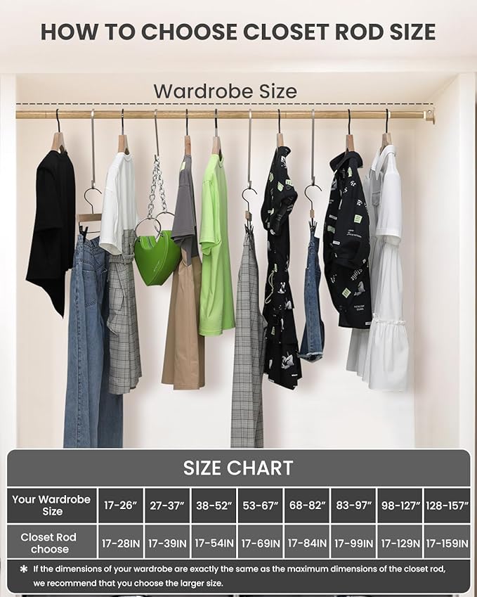 Closet Rods for Hanging Clothes, 17 to 84 Inches Stepless Adjustable Metal Closet Rod, 1.3 Inches Heavy Duty Clothes Hanging Rod for Closet Wardrobes Laundry RV(Wood Grain)