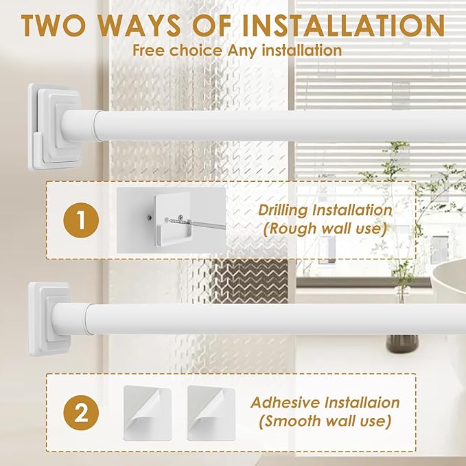 White Shower Curtain Rod,Spring Tension Curtain Rod 30-88”,No Drill or Screw Installation Shower Rod for Bathroom, Closet, Kitchen with Brackets