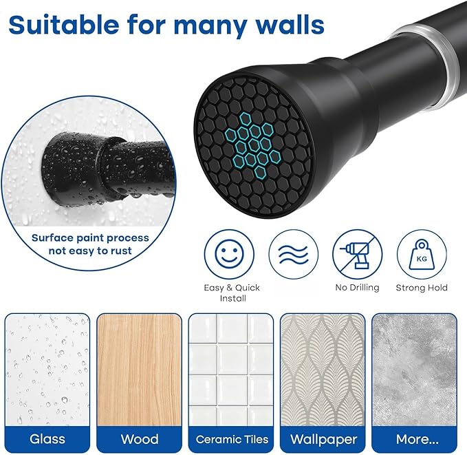 Black Tension Rods for Windows 28 to 48 Inch 2 Pack Spring Curtains Rod Tension Curtain Rod Expandable Pressure Curtain Rod Tension No Drill Adjustable Curtain Rods for Bathroom,Doorway,Door