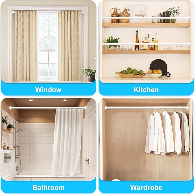 AIZESI White Tension Curtain Rod 30-63 Inch-2PCS, Non-slip Spring Curtain Rod For Windows, No-drilling Adjustable Tension Rod,Non-rust Spring Tension Rod For Doorway Bathroom Kitchen Bedroom
