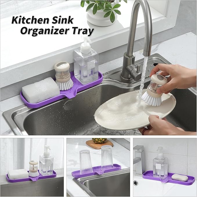 MicoYang Silicone Soap Dish with Drain Spout — Self-Draining Double Sink Organizer Tray for Kitchen & Bathroom, Dispensers, Sponges & Soap Holder, Non-Slip & Dishwasher Safe, Purple (Large, 12"×4")