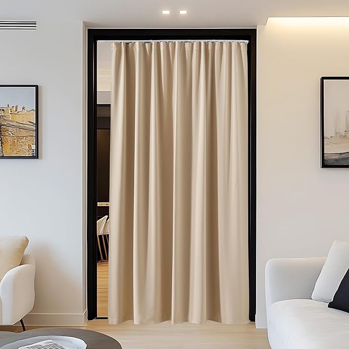NICETOWN Doorway Curtain & Track Set, Privacy Room Darkning French Door Curtain with Smooth Track for Closet/Bay, Thermal Insulated Drape for Office/Bedrrom, W 34 x L 80 in, Biscotti Beige, 1 Panel