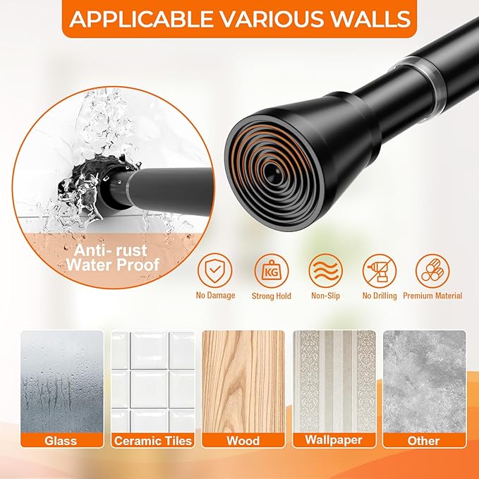 Spring Tension Curtain Rod 45 to 76 Inch 7/8" Diameter Adjustable No Drilling Black Shower Curtain Rods for Window Doorway Closet Door Kitchen Bathroom