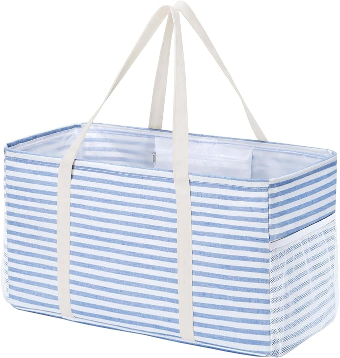 Lifewit Extra Large Tote Bag, Reusable Grocery Bags with Metal Wire Frame and Handles, Standing Utility Foldable Shopping Bags for Storage, Picnics, Beach, Laundry, Car, 46L, 1 Pack, Blue