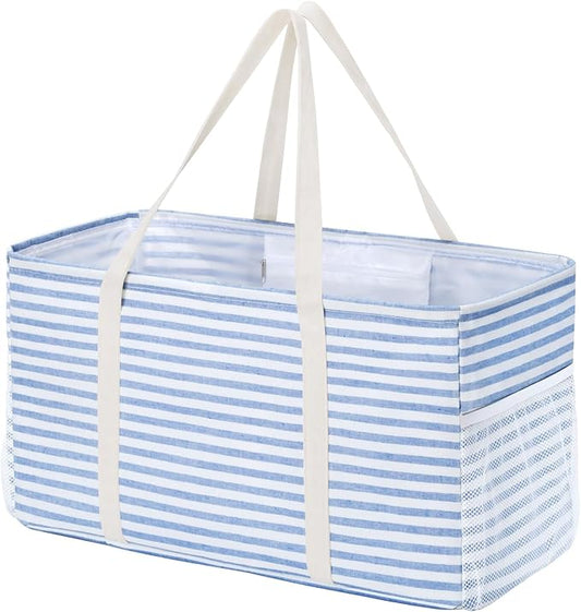 Lifewit Extra Large Tote Bag, Reusable Grocery Bags with Metal Wire Frame and Handles, Standing Utility Foldable Shopping Bags for Storage, Picnics, Beach, Laundry, Car, 46L, 1 Pack, Blue