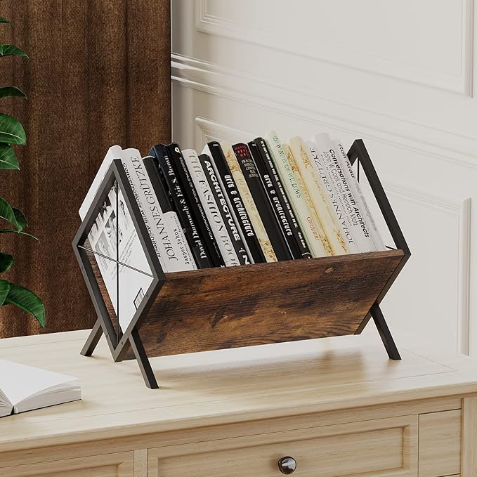 YINMIT Vinyl Record Holder, 80-100 LP Vinyl Record Storage Rack, Quick Assembly Vinyl Record Display, Retro Style Organizer for Magazine, Book, Files, Albums (Rustic Brown, 1 Tier)