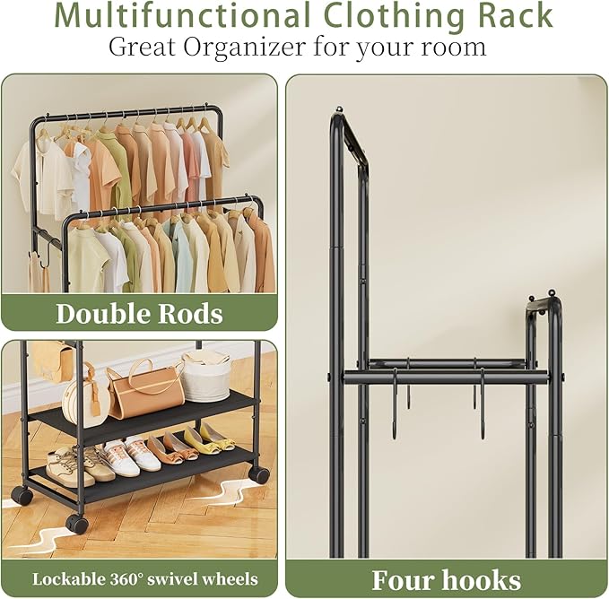 Simple Trending Clothes Rack for Hanging Clothes, Double Rod Clothing Rack with Shelves Load 400 LBS, Garment Rack with Wheels, Black