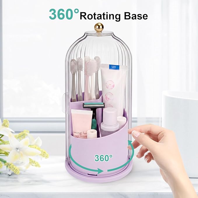 QIYVLOS Toothbrush Holders with Sliding Lid, Rotating 3 Slots Bathroom Organizer Countertop, Tooth Brush Toothpaste Holder Bathroom Counter Stand Sink Organizer for Makeup Brushes Holder (Purple)