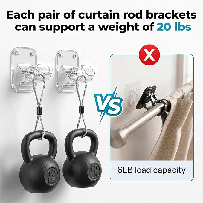 JHCJHC No Drill Curtain Rod Brackets - 20LB, 4 Pack Self Adhesive Curtain Rod Holder, Peel and Stick Wall Hooks, Renter Friendly Upgrades for Apartment, Kitchen, Bathroom, Dorm, Living Room and RV