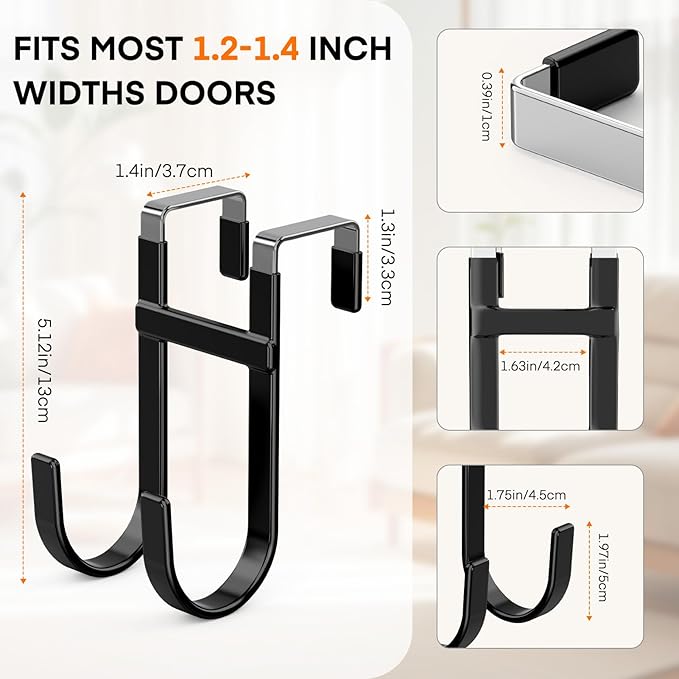 FYY Over The Door Hooks - 2 Pack Heavy Duty Double-Hanger Organizer for Bathroom Bedroom Dorm, Hanging Clothes Towels Hats Bags Ironing Board Wreath Robe - Fits Interior Doors Up to 1 3/8" Black
