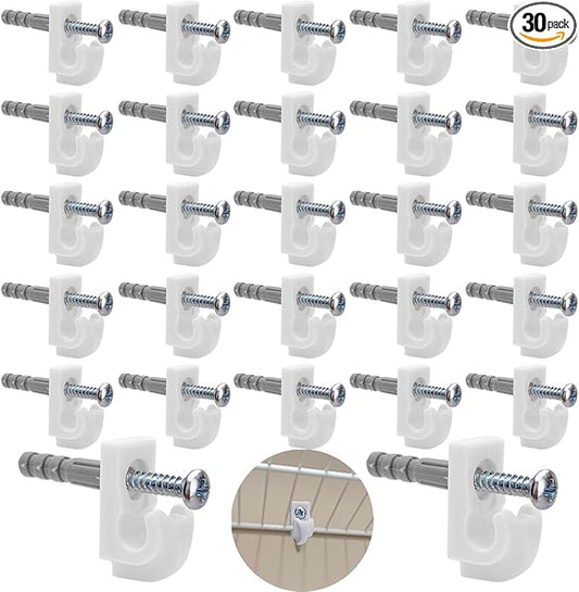 Down Wall Clips- 30 Sets Wire Shelf Brackets Loop -Closet Shelves Clips-Wire Shelf Back Wall Clip,Included Clips,Screws and Expansion Tubes ,Plastic,White,30 Sets (Pack of 1)