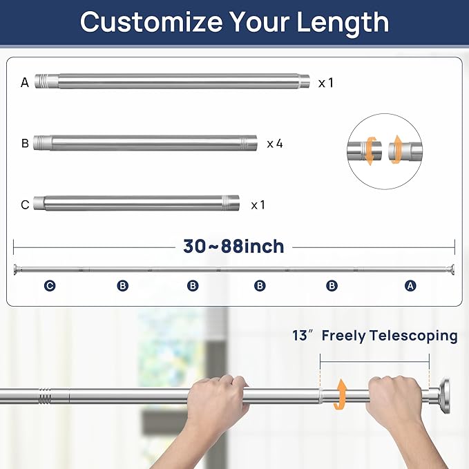 ENJOYBASICS Shower Curtain Rod 30 to 88 Inches, 1 Inch Stainless Steel Adjustable Spring Tension Rods No Drill for Bathroom, Closet, Window, Room Divider, Never Rust, Non Slip, Chrome
