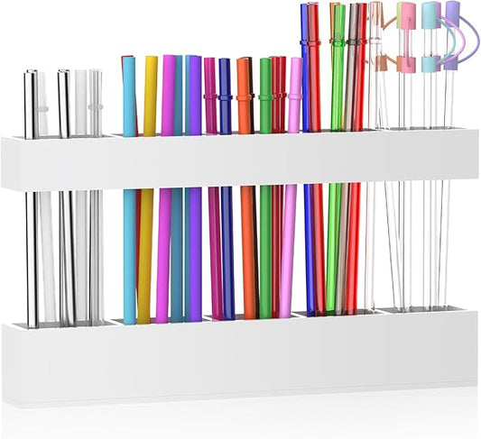 9.5” Large Acrylic Straw Holder for Cabinet Door, Reusable Adjustable Two-Part Straws Organizer with Ultra Sticky Adhesive Strips, 2026 Straw Storage for Kitchen Cupboard