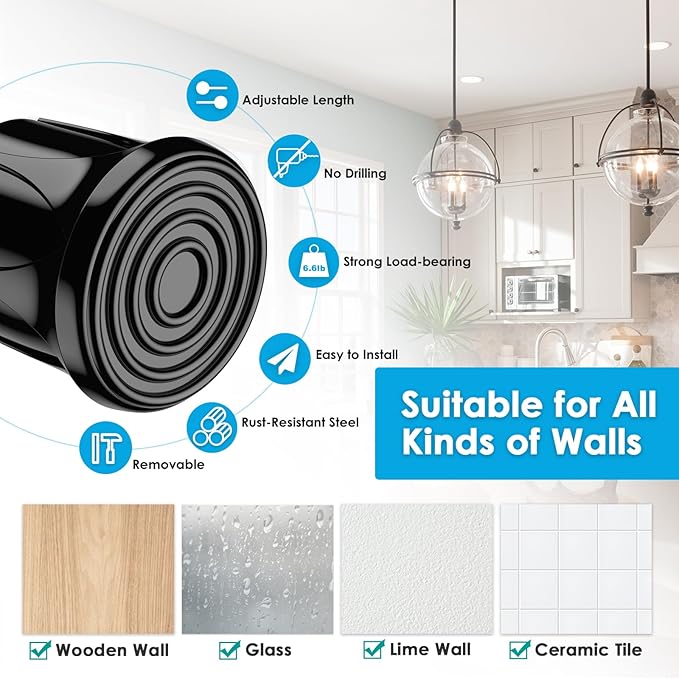 Black Tension Curtain Rod 16.5-28 inch Spring Tension Rod Adjustable Spring Rod Extendable Tension Rod for Kitchen, Bathroom, Window, Bookshelf