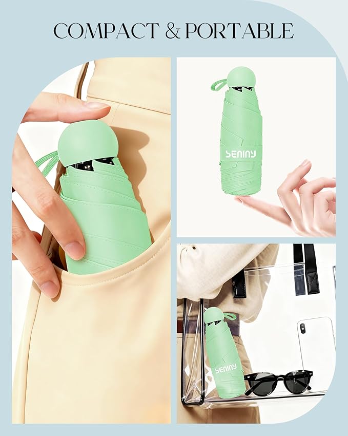 Seniny Mini Portable Travel Umbrella with Case - Compact Umbrellas for Rain & Sun UV Protection for Backpack Pocket, Lightweight Folding Small Umbrella, Tiny Purse Size UV Blocker for Kids Women Girls