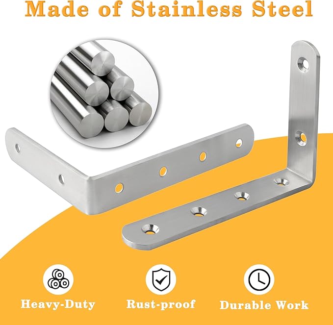 Alise Floating Shelf Brackets,L Brackets for Shelves Heavy Duty Shelving Bracket Stainless Steel Corner Brace Angle Brackets for Wood,5x3 Inch Wall Bracket,Pack of 4,Brushed