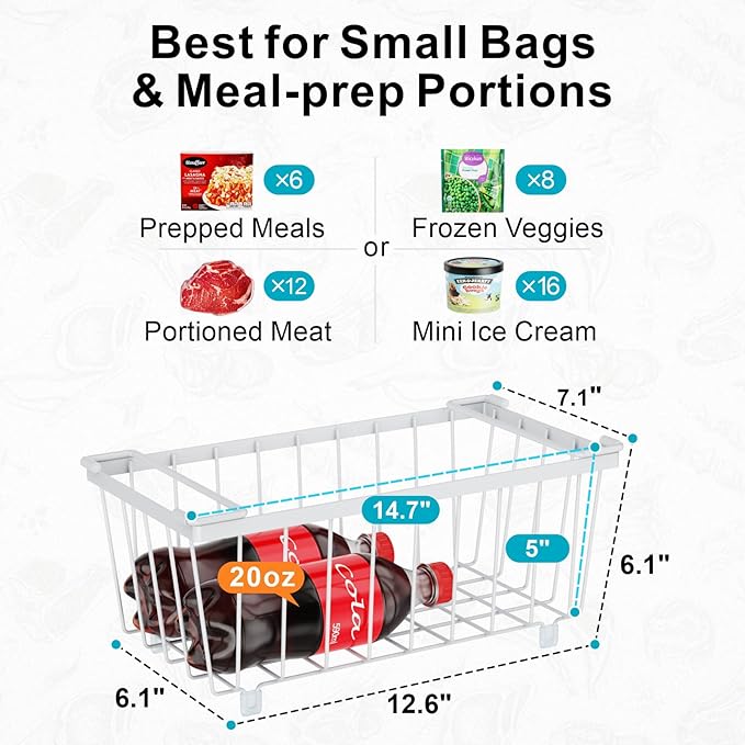 iSPECLE Deep Freezer Organizer Bins - Fits 7 Cu.Ft Chest Freezer, 8 Pack Stackable Wire Baskets(14.7" Length), Heavy Duty Coated Freezer Organizer, Rust Resistant for Frozen Food Sorting, White