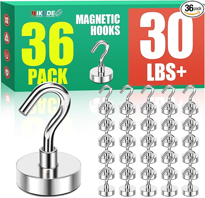 MIKEDE Magnetic Hooks,30lbs Strong Magnets Hooks Heavy Duty, Extra Strong Cruise Hook for Hanging, Industrial Metal Refrigerator Hooks for Cruise Cabins, Fridge, Kitchen, Grill-36 Pack