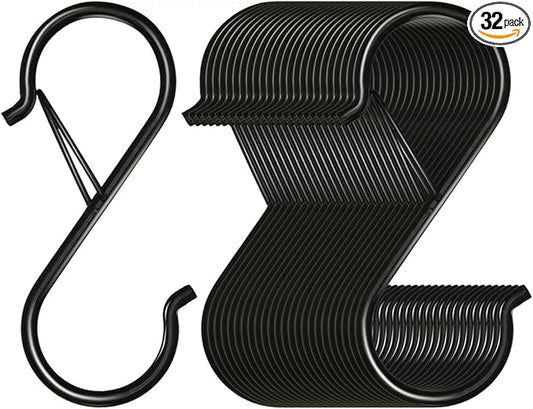 Waitkey 32 Pack S Hooks for Hanging, 3.5 inch Heavy Duty Metal S Hooks with Safety Buckle S Shaped Hooks Pot Rack Closet Hooks for Hanging Plants, Clothes, Kitchen Utensil, Pots, Pans, Bags (Black)