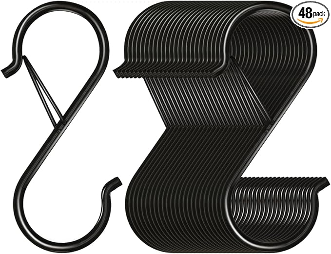 Waitkey 48 Pack S Hooks for Hanging, 3.5 inch Heavy Duty Metal S Hooks with Safety Buckle S Shaped Hooks Pot Rack Closet Hooks for Hanging Plants, Clothes, Kitchen Utensil, Pots, Pans, Bags (Black)