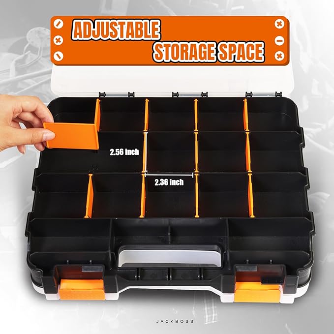 Jack Boss Tool Box with Transparent Lid, Double Side 34-Compartments Organizer Box with Removable Dividers for Hardware, Screws, Bolts, Nails, Beads, Jewelry and Fishing Accessories, Orange, 4 Pack