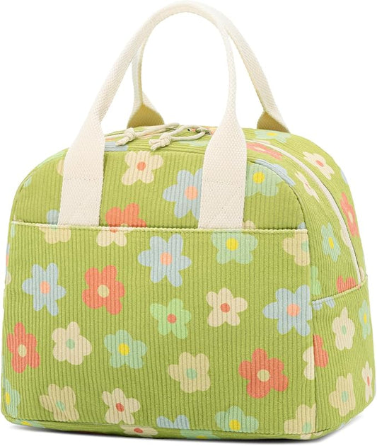 LOVELYWIND Insulated Floral Green Lunch Bag for Women, Corduroy Tote with Aluminum Lining, Large Capacity Reusable Cooler for Work, Travel, Beach or Picnic, Floral Pattern Water-Resistant Lunch Box