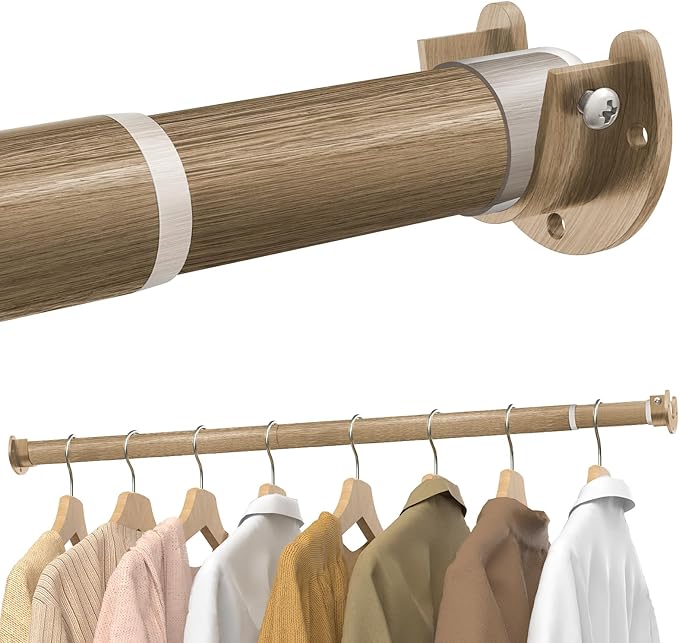 Closet Rods for Hanging Clothes, 17 to 28 Inches Stepless Adjustable Metal Closet Rod, 1.3 Inches Heavy Duty Clothes Hanging Rod for Closet Wardrobes Laundry RV(Wood Grain)