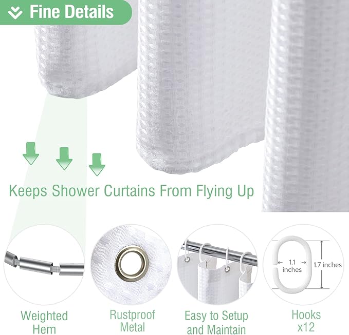 Dynamene White Fabric Shower Curtain, Waffle Weave Heavy Duty Thick Fabric Shower Curtains for Bathroom, 256GSM Weighted Hotel Luxury Cloth Shower Curtain Set with 12 Plastic Hooks, 72Wx72H, White