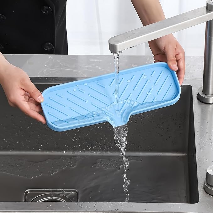 MicoYang Silicone Soap Dish with Drain Spout — Self-Draining Double Sink Organizer Tray for Kitchen & Bath, Dispensers, Sponges & Soap Holder, Non-Slip & Dishwasher Safe, Light Blue (Large, 12"×4")