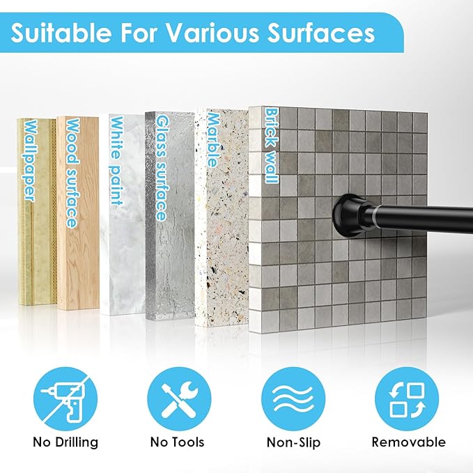 1Pcs Tension Curtain Rod 31 To 76 Inch Black Shower Curtain Rod No Drilling Adjustable Spring Loaded Curtain Rods 7/8"Diameter Shower Rods For Bathroom Windows Bedroom Closet Doorway Door